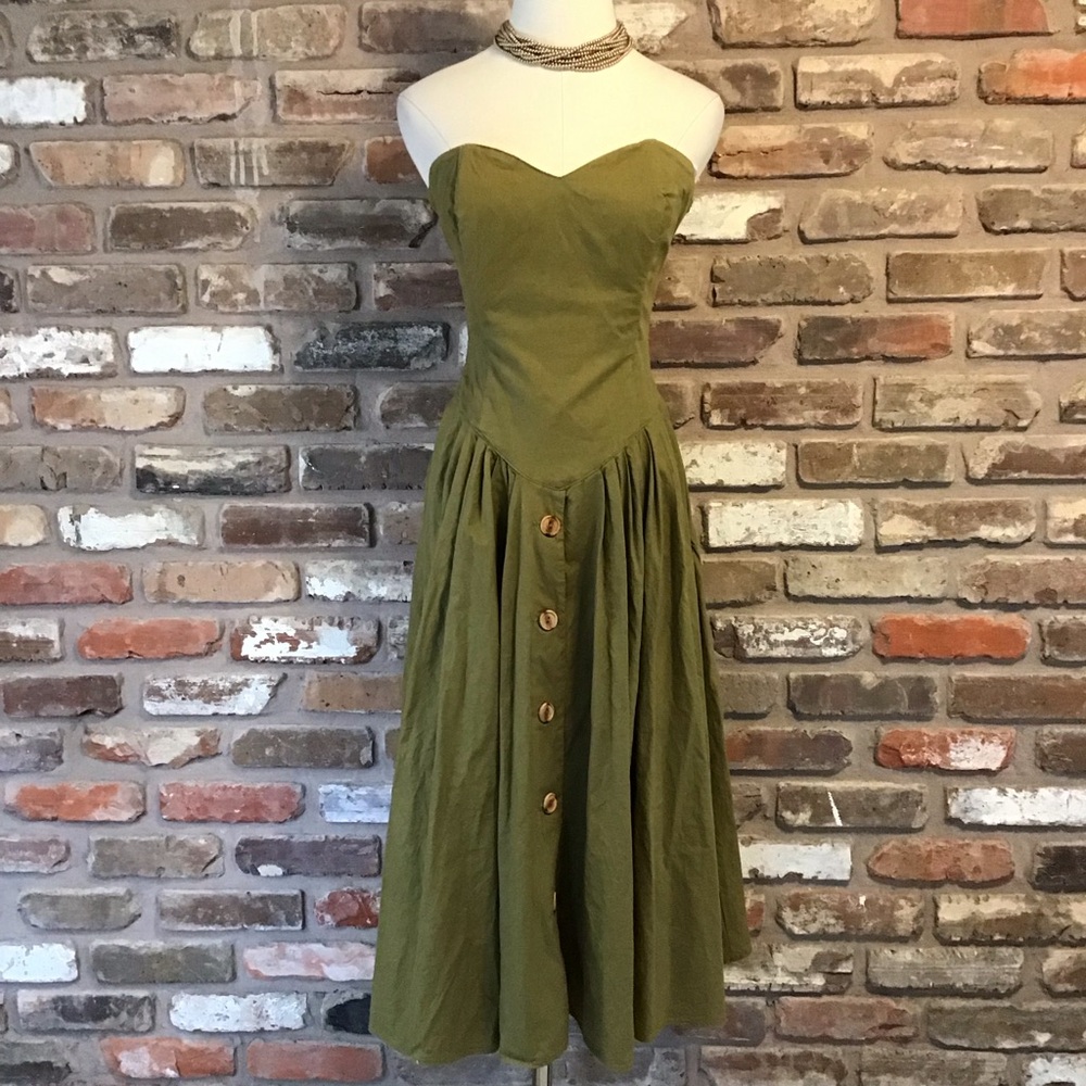 CLUES COLLECTION Vintage Strapless Olive Green Sweetheart Neckline Midi Dress